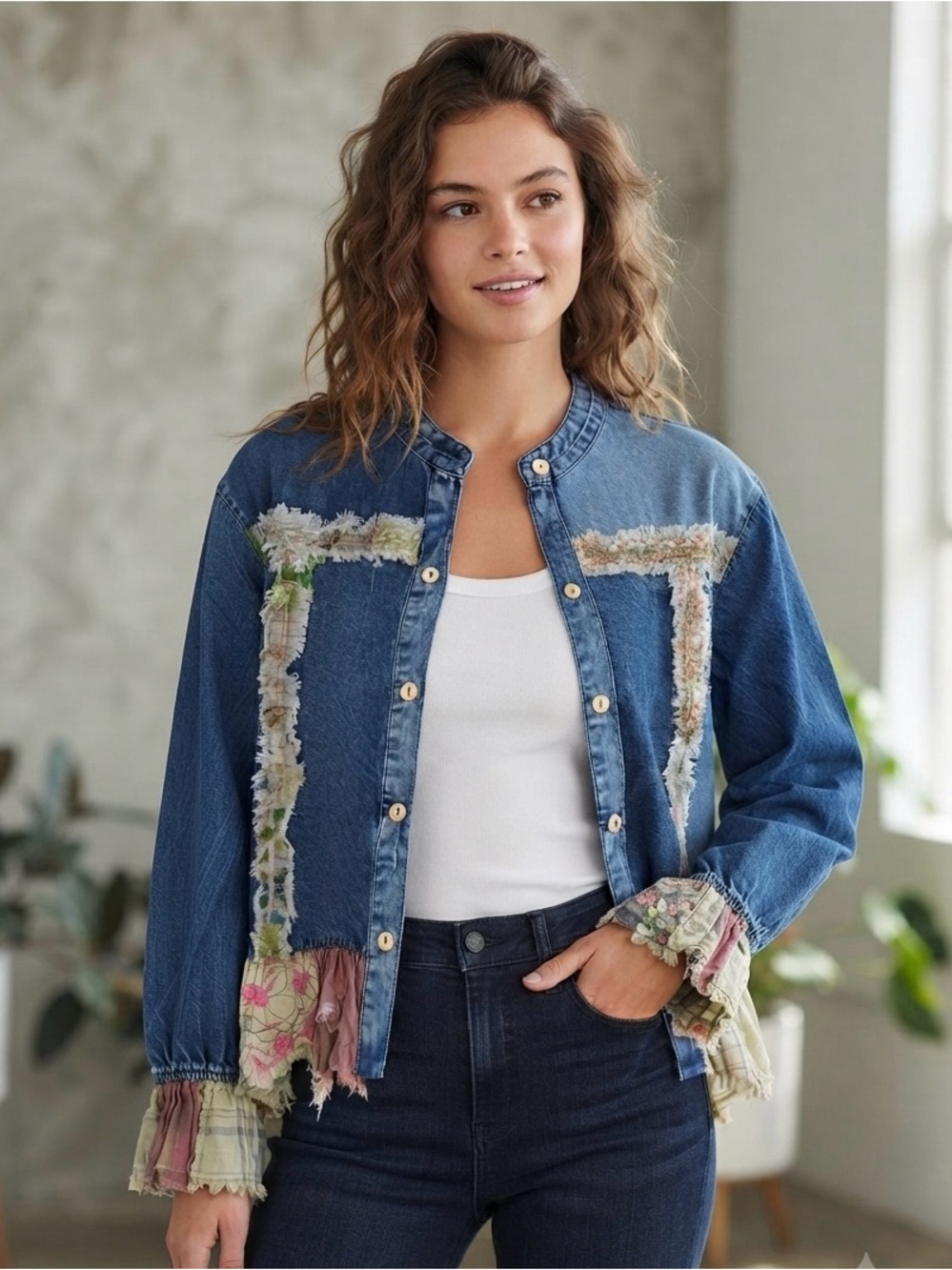 Young Threads NWT Denim Boho Patchwork Button-Down Jacket